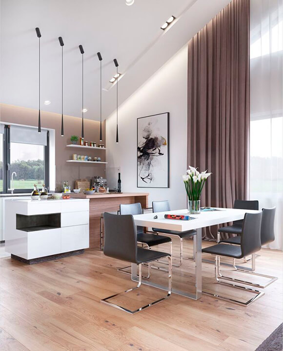 Современная кухня-гостиная в коттедже